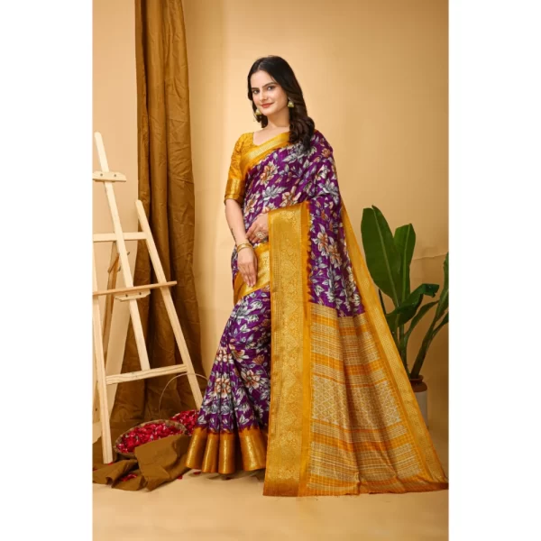 Women's Soft Dola Cotton Kalamkari Printed Saree With Unstitched Blouse 5.5Mtr (Purple)