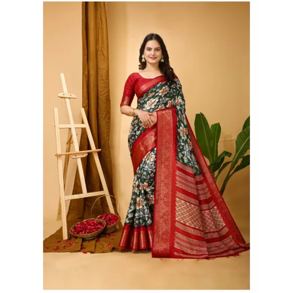 Women's Soft Dola Cotton Kalamkari Printed Saree With Unstitched Blouse 5.5Mtr (Green)