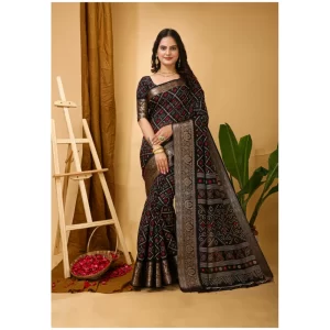 Women’s Soft Dola Cotton Kalamkari Printed Saree With Unstitched Blouse 5.5Mtr (Black)