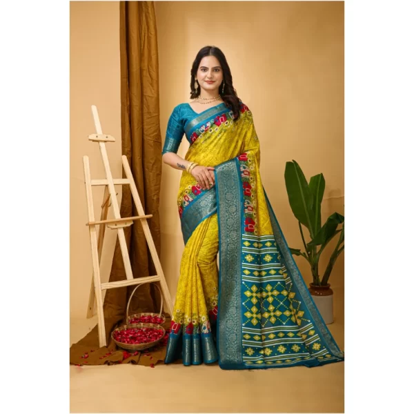 Women's Soft Dola Cotton Kalamkari Printed Saree With Unstitched Blouse 5.5Mtr (Yellow)