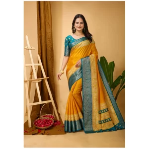 Women’s Soft Dola Cotton Kalamkari Printed Saree With Unstitched Blouse 5.5Mtr (Yellow)