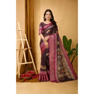 Women’s Soft Blooming Marshmallow Fabric Kalamkari Printed Saree With Unstitched Blouse 5.5Mtr (Maroon)