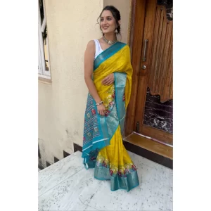 Women’s Soft Dola Cotton Kalamkari Printed Saree With Unstitched Blouse 5.5Mtr (Mustard)