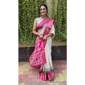 Women’s Soft Dola Cotton Kalamkari Printed Saree With Unstitched Blouse 5.5Mtr (White)