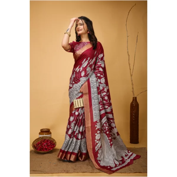 Women's Soft Handloom Cotton Kalamkari Printed Saree With Unstitched Blouse 5.5Mtr (Maroon)