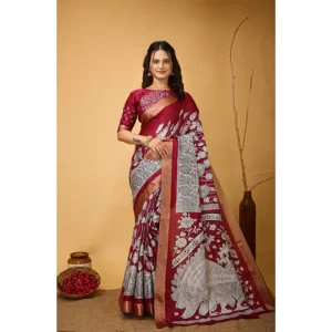Women’s Soft Handloom Cotton Kalamkari Printed Saree With Unstitched Blouse 5.5Mtr (Maroon)