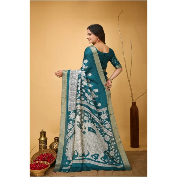 Women's Soft Handloom Cotton Kalamkari Printed Saree With Unstitched Blouse 5.5Mtr (Turquoise)
