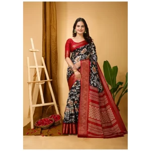 Women’s Soft Dola Cotton Kalamkari Printed Saree With Unstitched Blouse 5.5Mtr (Black)