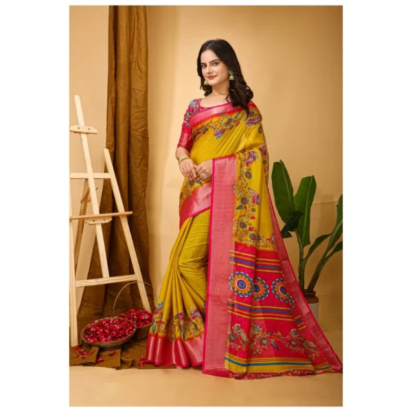 Women's Soft Dola Cotton Kalamkari Printed Saree With Unstitched Blouse 5.5Mtr (Yellow)