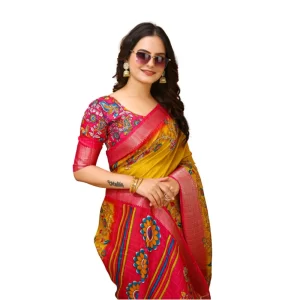 Women’s Soft Dola Cotton Kalamkari Printed Saree With Unstitched Blouse 5.5Mtr (Yellow)