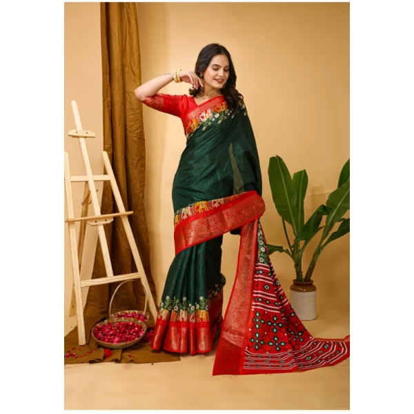 Women's Soft Dola Cotton Kalamkari Printed Saree With Unstitched Blouse 5.5Mtr (Green)