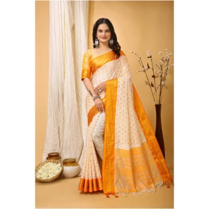Women’s Soft Cotton Silk Printed Saree With Unstitched Blouse 5.5Mtr (Yellow)