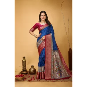 Women’s Soft Dola Cotton Kalamkari Printed Saree With Unstitched Blouse 5.5Mtr (Blue)