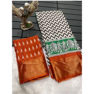 Women’s Soft Dola Cotton Kalamkari Printed Saree With Unstitched Blouse 5.5Mtr (Orange)