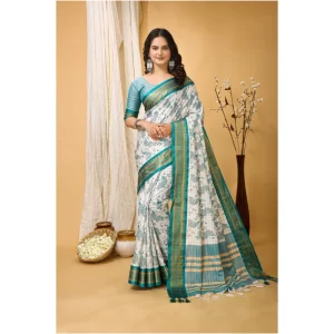 Women’s Soft Cotton Silk Printed Saree With Unstitched Blouse 5.5Mtr (Turquoise)