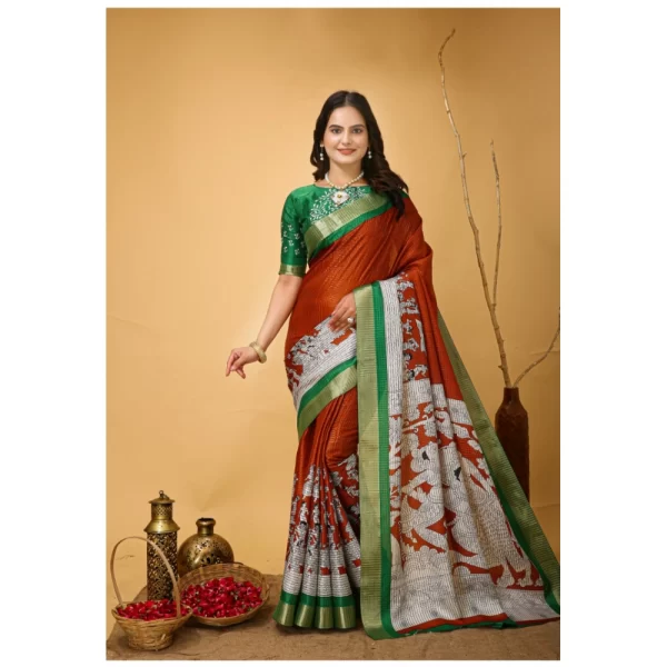 Women's Soft Handloom Cotton Kalamkari Printed Saree With Unstitched Blouse 5.5Mtr (Orange)